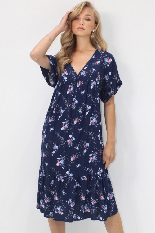 Lacivert V Yaka Double Kol Desenli Rahat Kesim Çift Cepli Dokuma Viskon Elbise