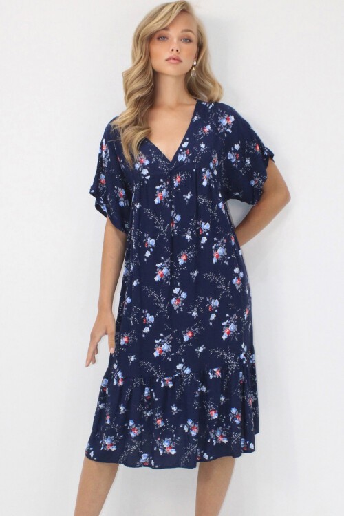 Lacivert V Yaka Double Kol Desenli Rahat Kesim Çift Cepli Dokuma Viskon Elbise