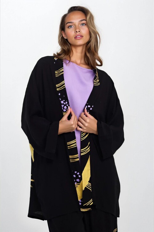 Lila Desenli Kimono Bluz Ve Pantolon Büyük Beden Alt Üst Takım