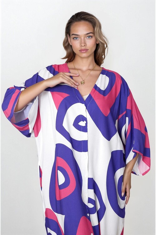 Lila Önü Düğmeli Çift Cepli Büyük Beden Viskon Elbise