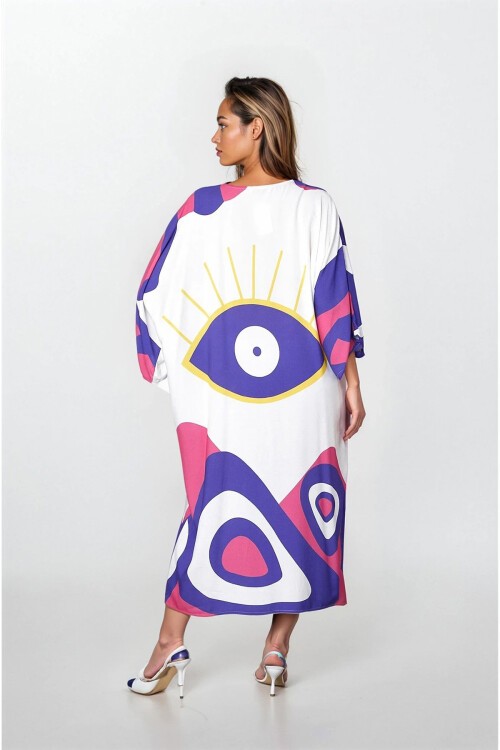 Lila Önü Düğmeli Çift Cepli Büyük Beden Viskon Elbise