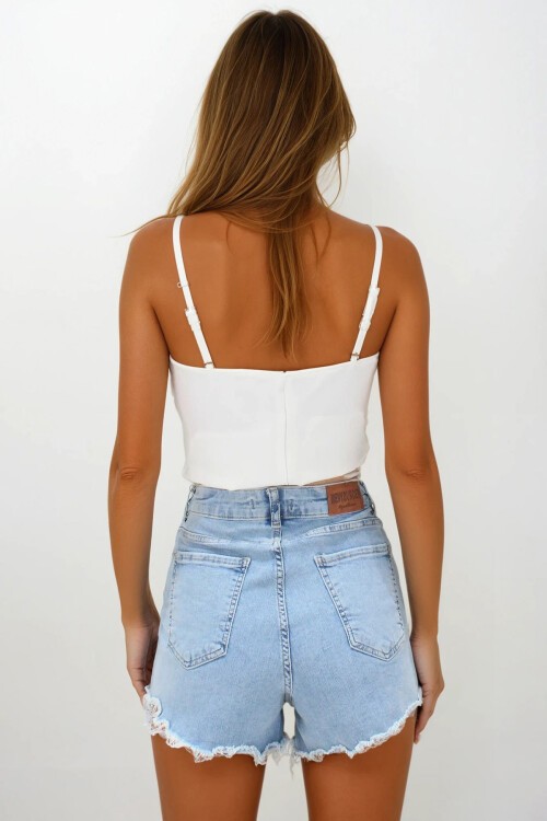 Mavi 5 Cepli Püskül Detaylı Denim Şort