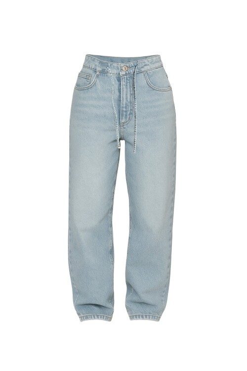 Mavi Bağlamalı Eskitme Detaylı 5 Cepli Palazzo Jean