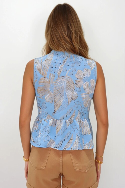 Mavi Bisiklet Yaka Fiyonklu Desenli Eteği Valonlu Dokuma Bluz