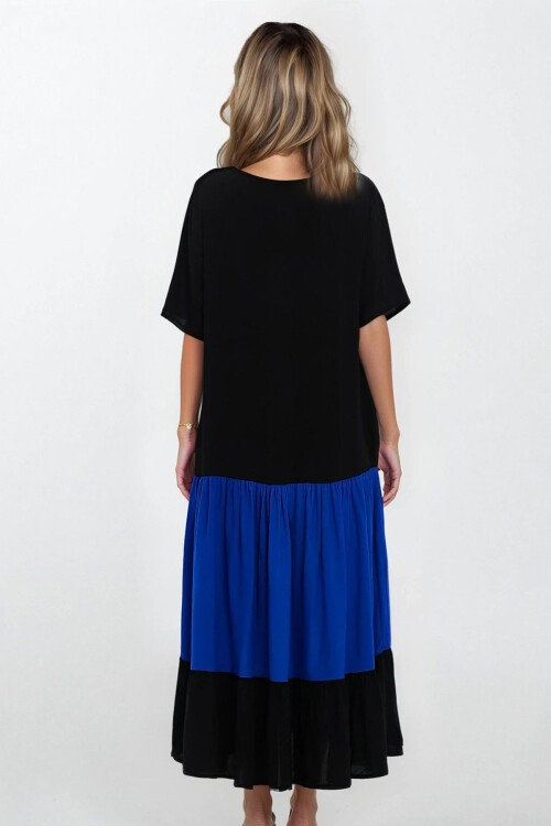 Mavi Çift Cepli Çiçek Baskılı Kısa Kollu Elbise