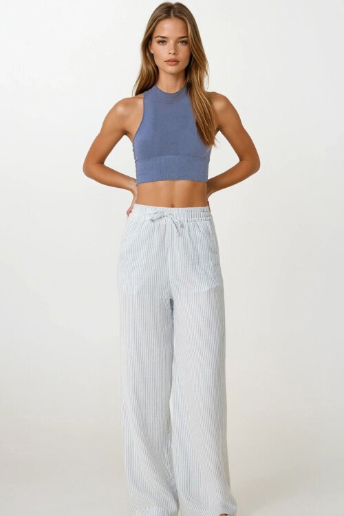 Mavi Çift Cepli Çizgili Müslin Palazzo Pantolon
