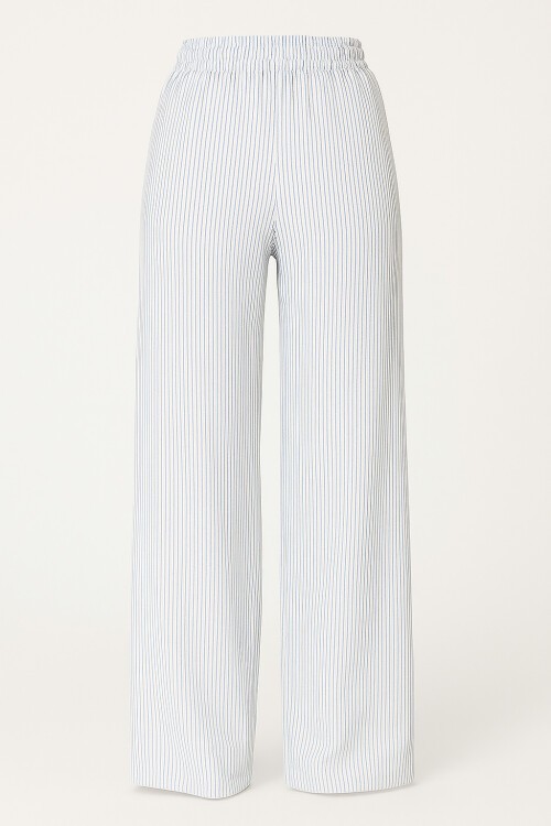 Mavi Çift Cepli Çizgili Müslin Palazzo Pantolon