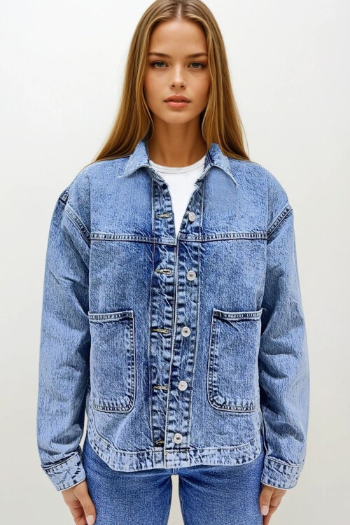 Mavi Çift Cepli Oversize Jean Ceket