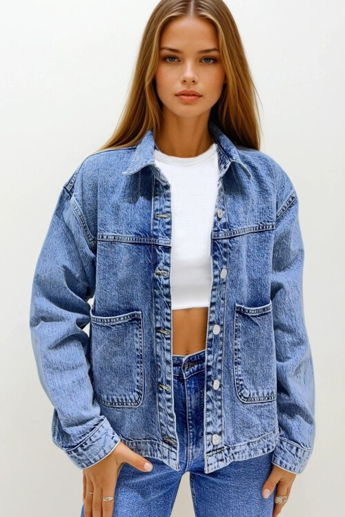 Mavi Çift Cepli Oversize Jean Ceket