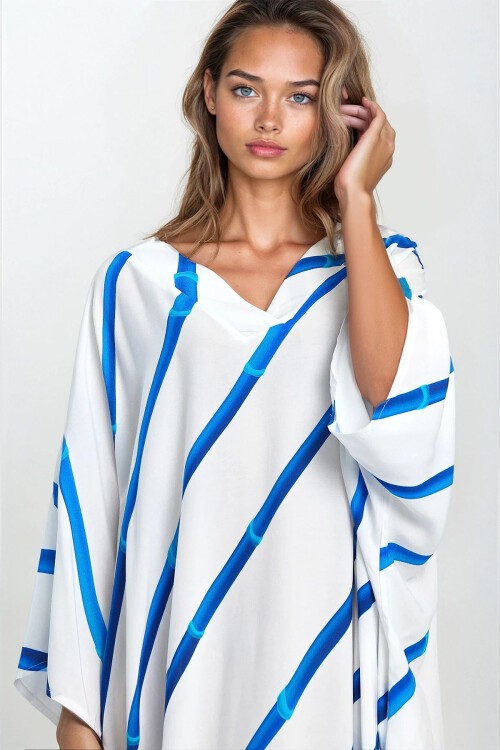 Mavi Çizgi Desenli V Yaka Büyük Beden Viskon Elbise