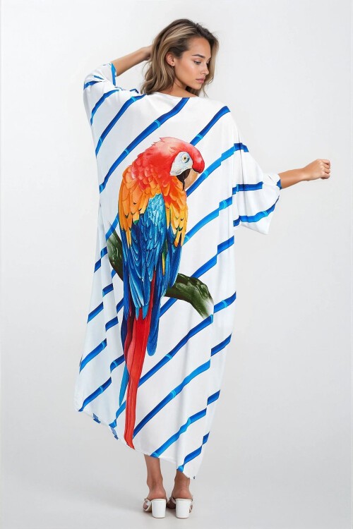 Mavi Çizgi Desenli V Yaka Büyük Beden Viskon Elbise