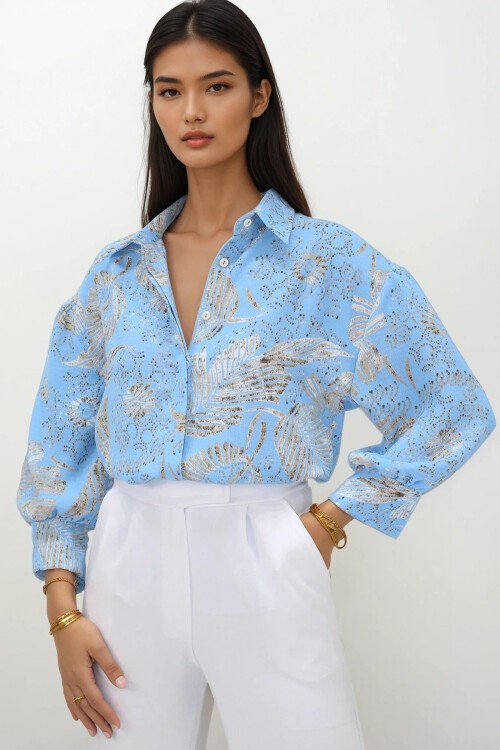 Mavi Desenli Balon Kol Gizli Patlı Gömlek