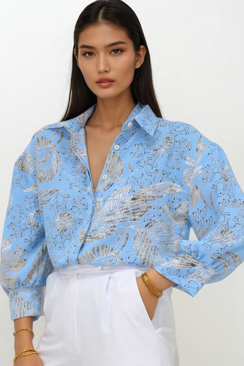 Mavi Desenli Balon Kol Gizli Patlı Gömlek