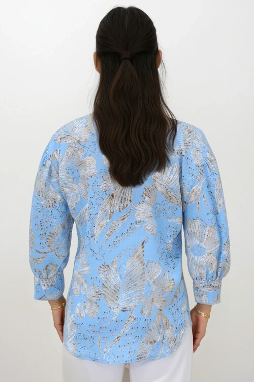Mavi Desenli Balon Kol Gizli Patlı Gömlek