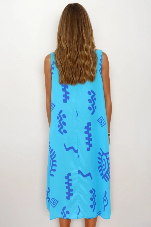 Mavi Desenli Çift Cepli Kolsuz Rahat Kesim Elbise