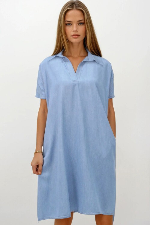 Mavi Gömlek Yaka Kumaş Omuz Pile Detaylı Kısa Kol Dokuma Elbise