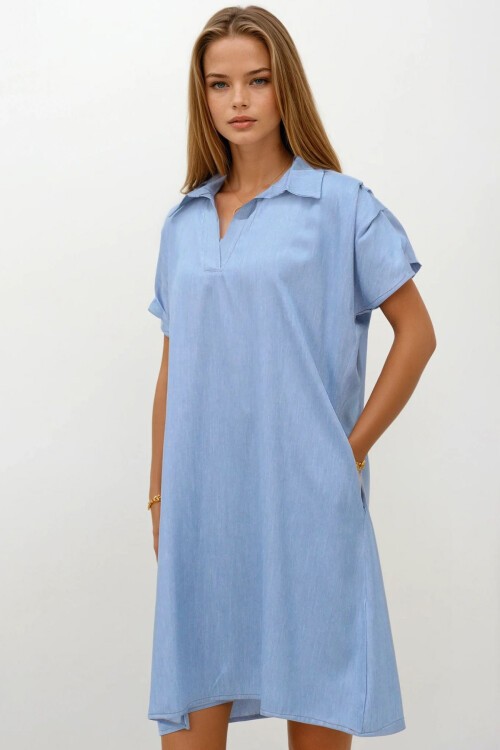 Mavi Gömlek Yaka Kumaş Omuz Pile Detaylı Kısa Kol Dokuma Elbise