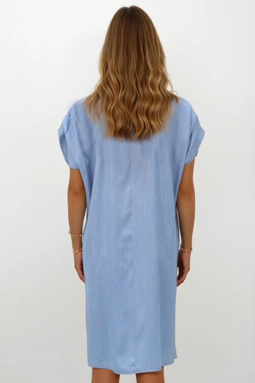 Mavi Gömlek Yaka Kumaş Omuz Pile Detaylı Kısa Kol Dokuma Elbise