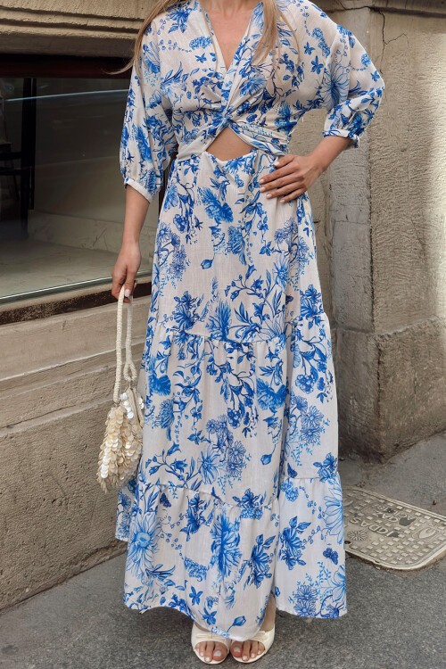 Mavi Gönek Dekolteli Derin V Yaka Maxi Boy Elbise