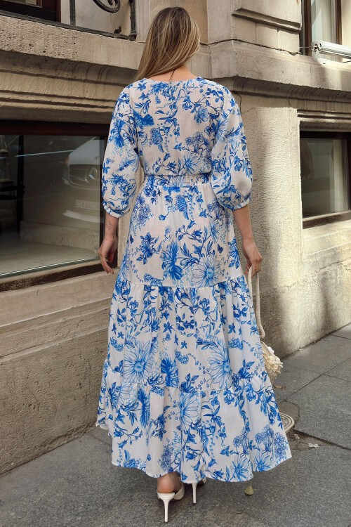 Mavi Gönek Dekolteli Derin V Yaka Maxi Boy Elbise