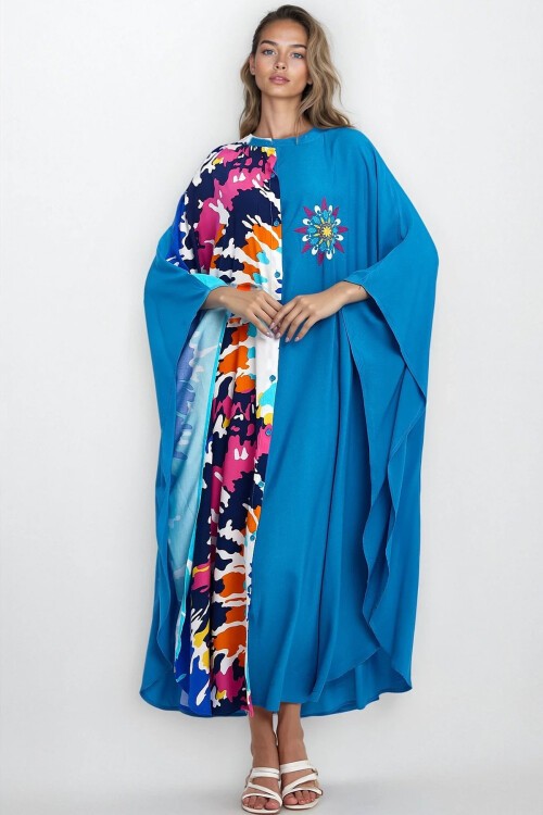 Mavi Hakim Yaka Önü Düğmeli Tek Cepli Büyük Beden Viskon Elbise