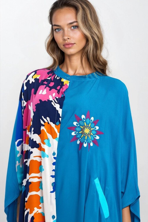 Mavi Hakim Yaka Önü Düğmeli Tek Cepli Büyük Beden Viskon Elbise