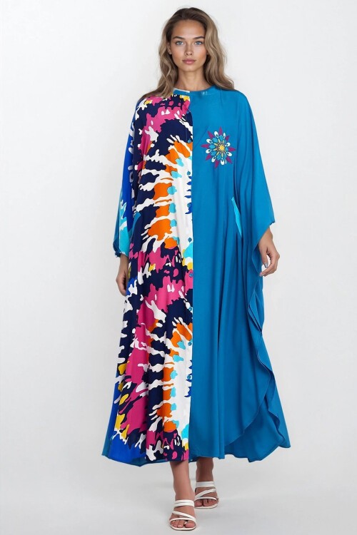 Mavi Hakim Yaka Önü Düğmeli Tek Cepli Büyük Beden Viskon Elbise