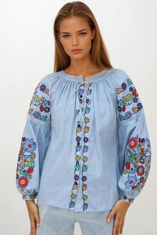 Mavi Hakim Yaka Püskül Bağcıklı Nakışlı Armürlü Dokuma Gömlek