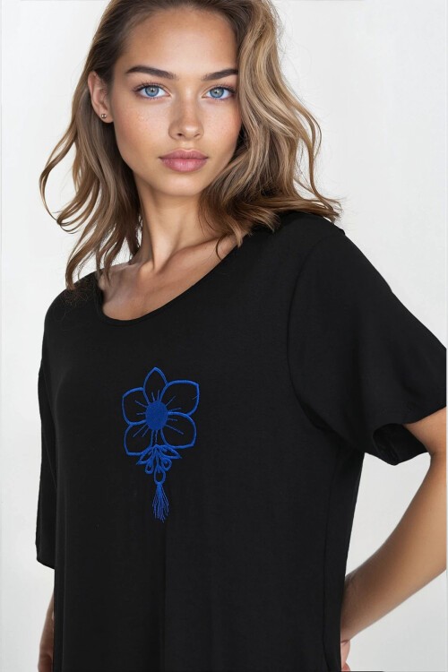 Mavi Kayık Yaka Cepli Büyük Beden Viskon Elbise