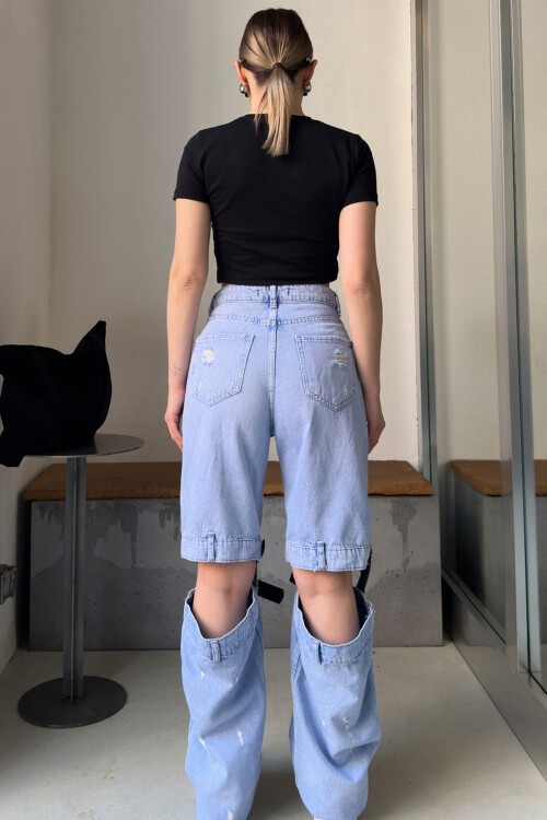 Mavi Kemer Detaylı Yırtmaçlı Jean