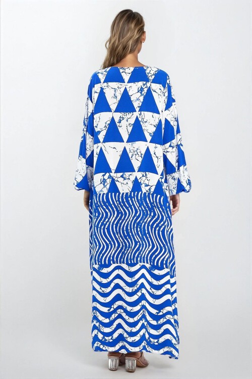 Mavi Kolları Lastikli Çift Cepli Büyük Beden Elbise