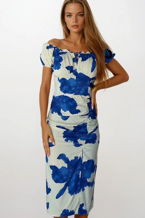 Mavi Madonna Yaka Çiçek Desenli Yırtmaç Detaylı Fermuarlı Elbise