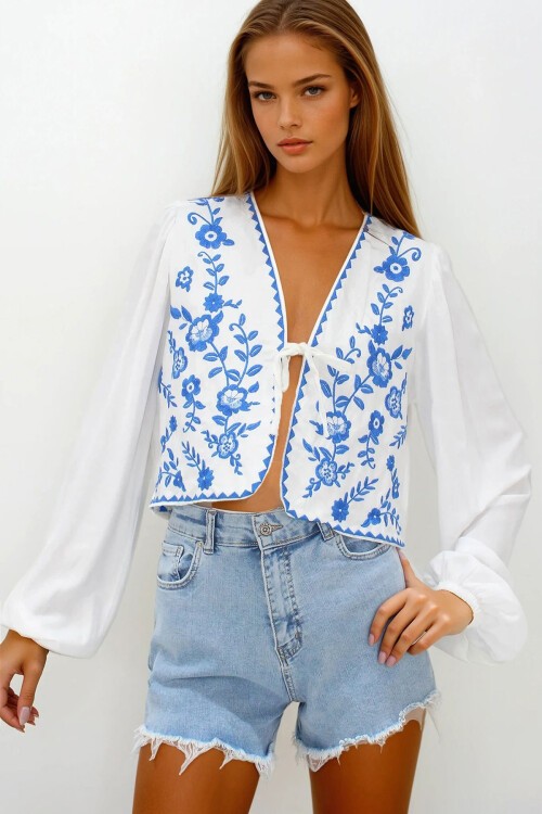 Mavi Nakışlı Bağlamalı Ceten Crop Ceket