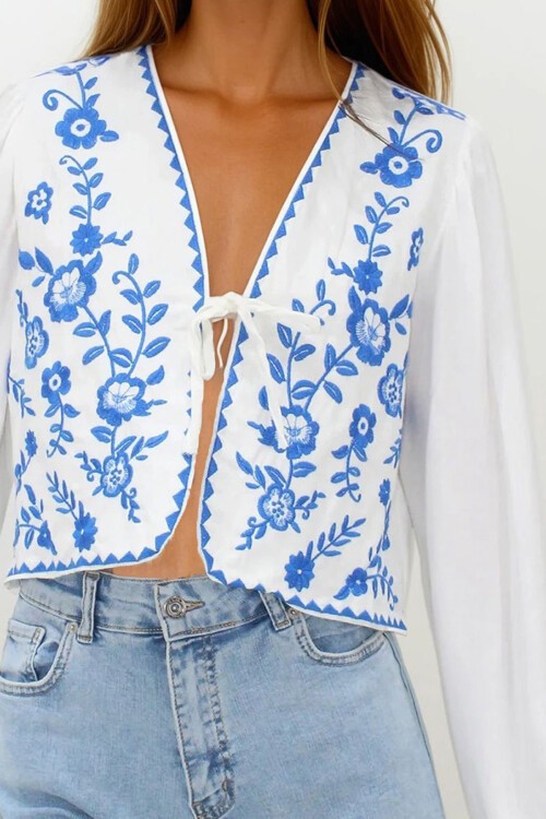 Mavi Nakışlı Bağlamalı Ceten Crop Ceket