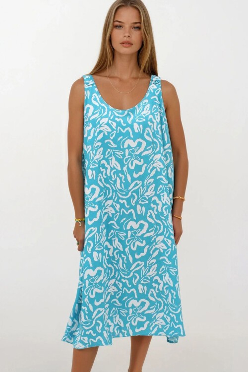 Mavi Omuzları Lastikli Kolsuz Rahat Kesim Desenli Elbise