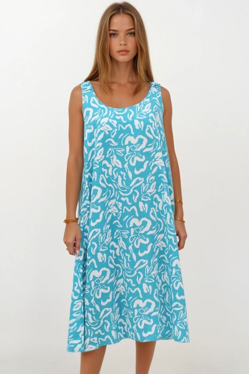 Mavi Omuzları Lastikli Kolsuz Rahat Kesim Desenli Elbise