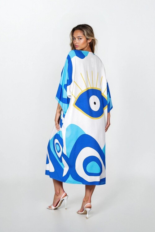 Mavi Önü Düğmeli Çift Cepli Büyük Beden Viskon Elbise