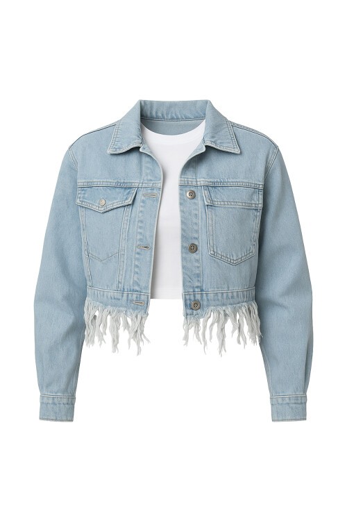 Mavi Püskülü Düğme Kapamalı Jean Ceket