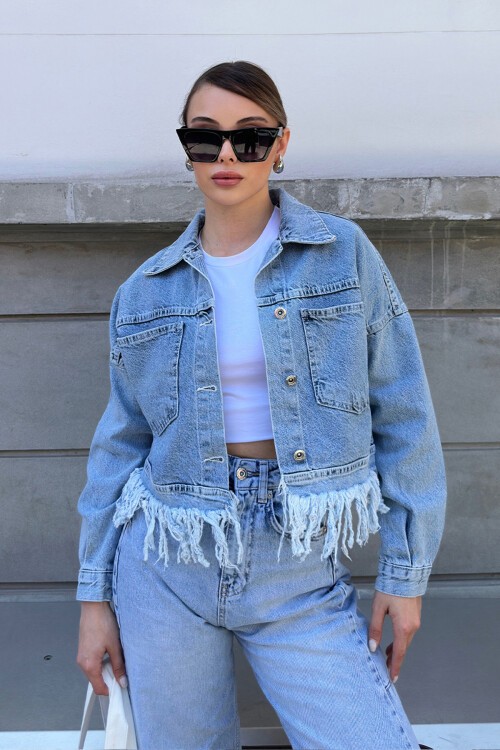 Mavi Püskülü Düğme Kapamalı Jean Ceket