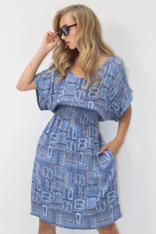 Mavi V Yaka Çift Cepli Etnik Desenli Beli Gipeli Dokuma Viskon Elbise