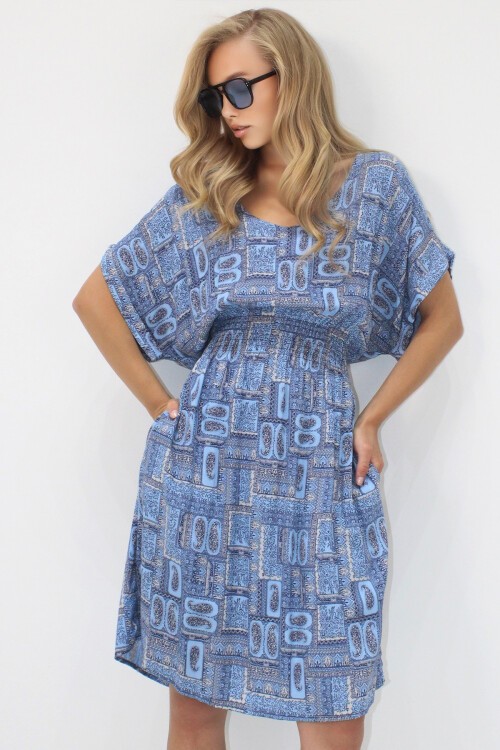 Mavi V Yaka Çift Cepli Etnik Desenli Beli Gipeli Dokuma Viskon Elbise