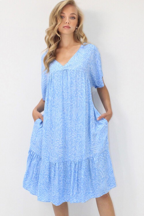 Mavi V Yaka Double Kol Desenli Rahat Kesim Çift Cepli Dokuma Viskon Elbise