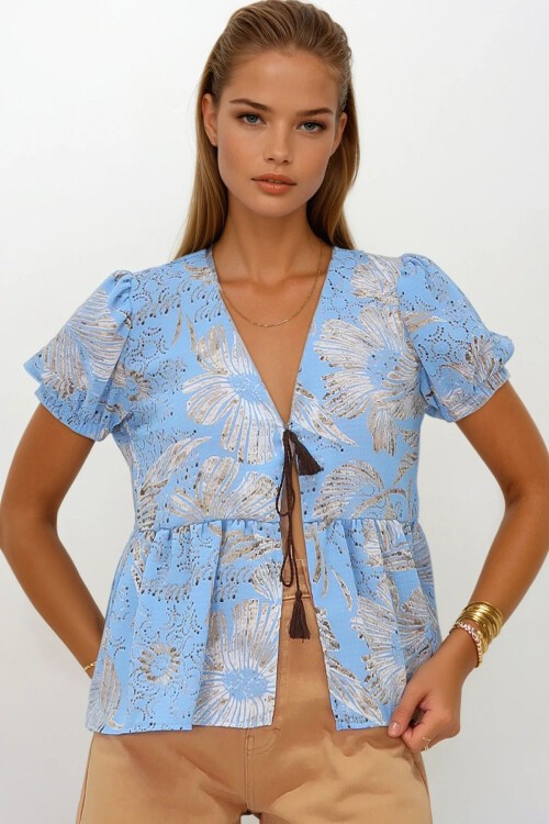 Mavi V Yaka Karpuz Kol Desenli Eteği Volanlı Dokuma Bluz