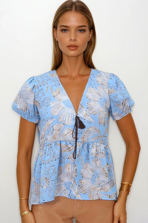 Mavi V Yaka Karpuz Kol Desenli Eteği Volanlı Dokuma Bluz