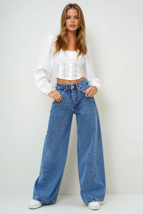 Mavi Yüksek Bel Vintage Yıkamalı Buggy Kesim Jean Pantolon