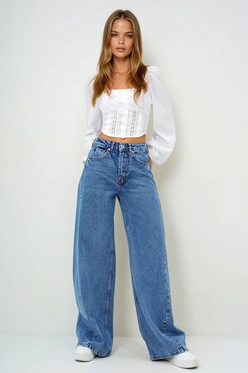 Mavi Yüksek Bel Vintage Yıkamalı Buggy Kesim Jean Pantolon