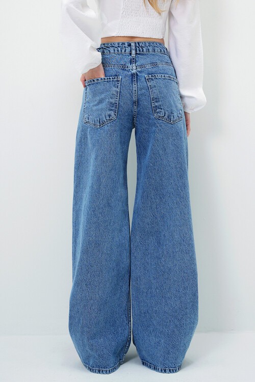 Mavi Yüksek Bel Vintage Yıkamalı Buggy Kesim Jean Pantolon