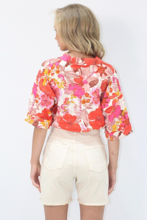 Mercan Çiçek Desenli Duble Kol Crop Gömlek