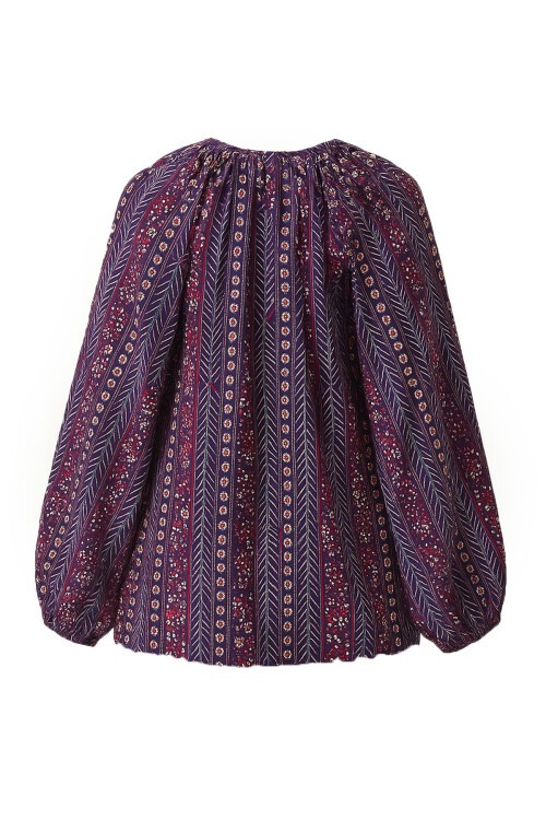 Mor Derin V Yaka Eteği Volanlı Balon Kol Bluz