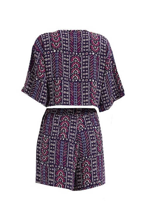 Mor Etnik Desenli Bağlamalı Bluz Ve Şort Takım